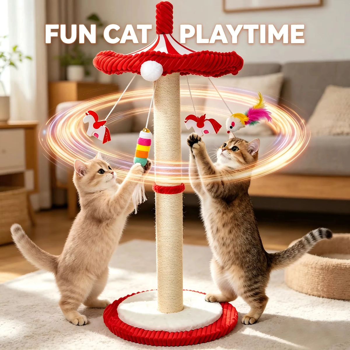 39“ Tall Carousel Cat Scratching Post with Hanging Toys with Rotating Top 17.7" Stable Base