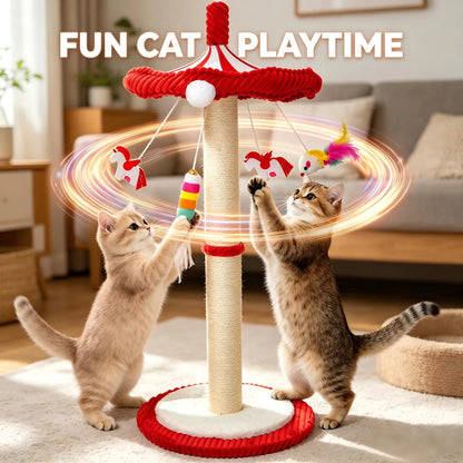 39“ Tall Carousel Cat Scratching Post with Hanging Toys with Rotating Top 17.7" Stable Base