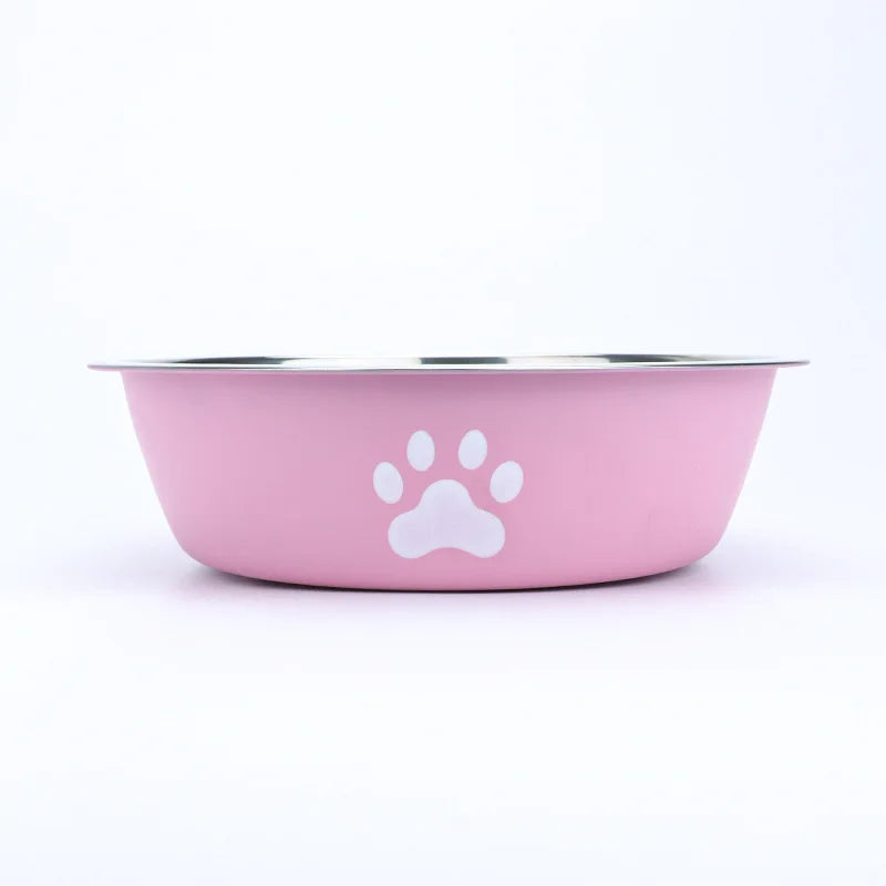 New Stainless Steel Pet Bowl with Paw Print, Silicone Non-Slip Food & Water Feeding Basin