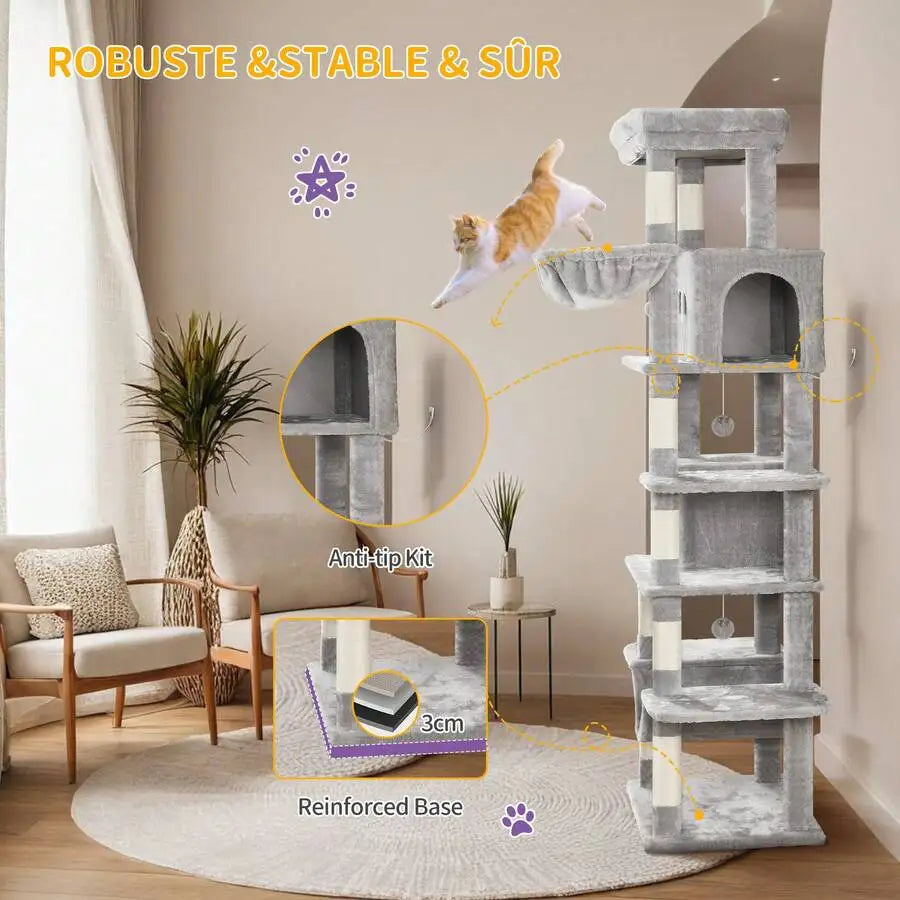 67" Tall Cat Tower For Indoor Cats, Multi-Level House With Condo, 8 Scratching Posts, Hammock, 4 Pom Pom