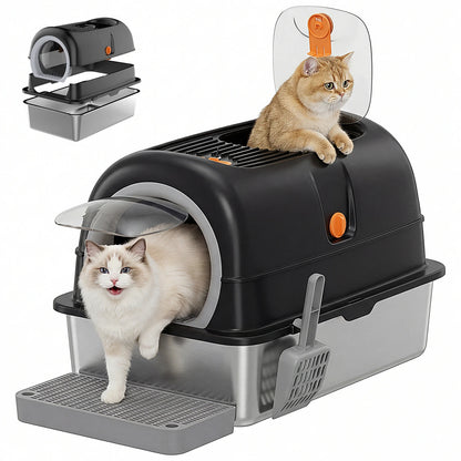 Stainless Steel Cat Litter Box with Fully Enclosed 30L Large Cat Litter Box