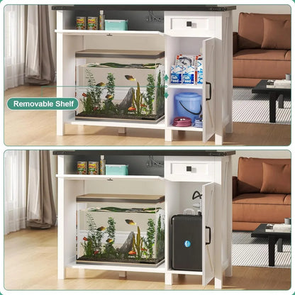40 Gallon Aquarium Stand With Charging Station, Farmhouse Fish Tank Stand, Reptile Tank Stand Terrarium Stand with Drawer and Cabinet