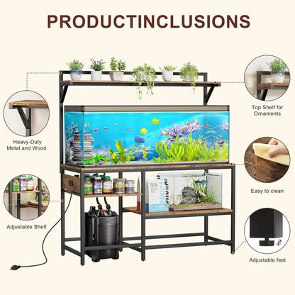 Sturdy 55 Gallon Aquarium Stand with Power Outlet, 6-Leg Support, and 4-Tier Adjustable Shelves for Reptiles