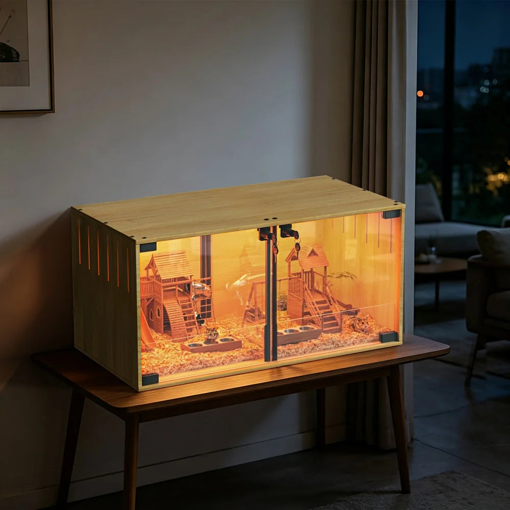Wooden Hamster Cage Chew-proof Small Animal Habitat Cage with Dual Doors Lock Removable Divider Enclosure
