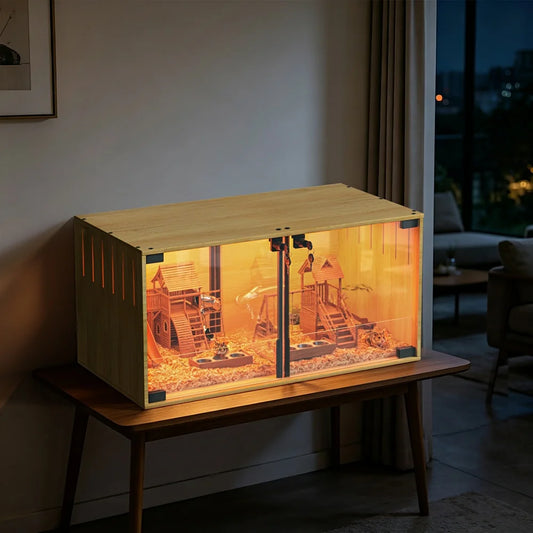 Wooden Hamster Cage Chew-proof Small Animal Habitat Cage with Dual Doors Lock Removable Divider Enclosure
