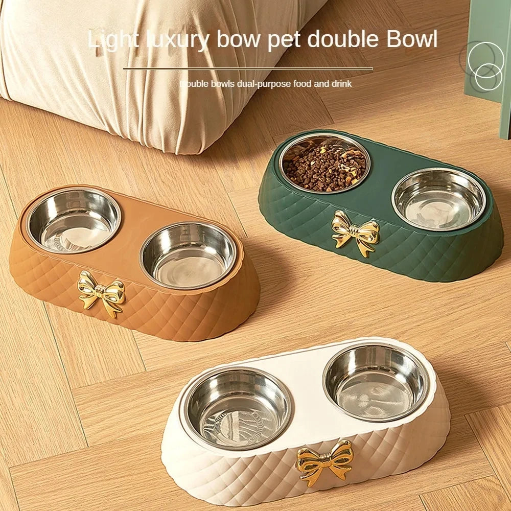 Bow-tie Bowknot Food Bowl Dog Bowl Stainless Steel Double Feeding and Drinking Double Bowl