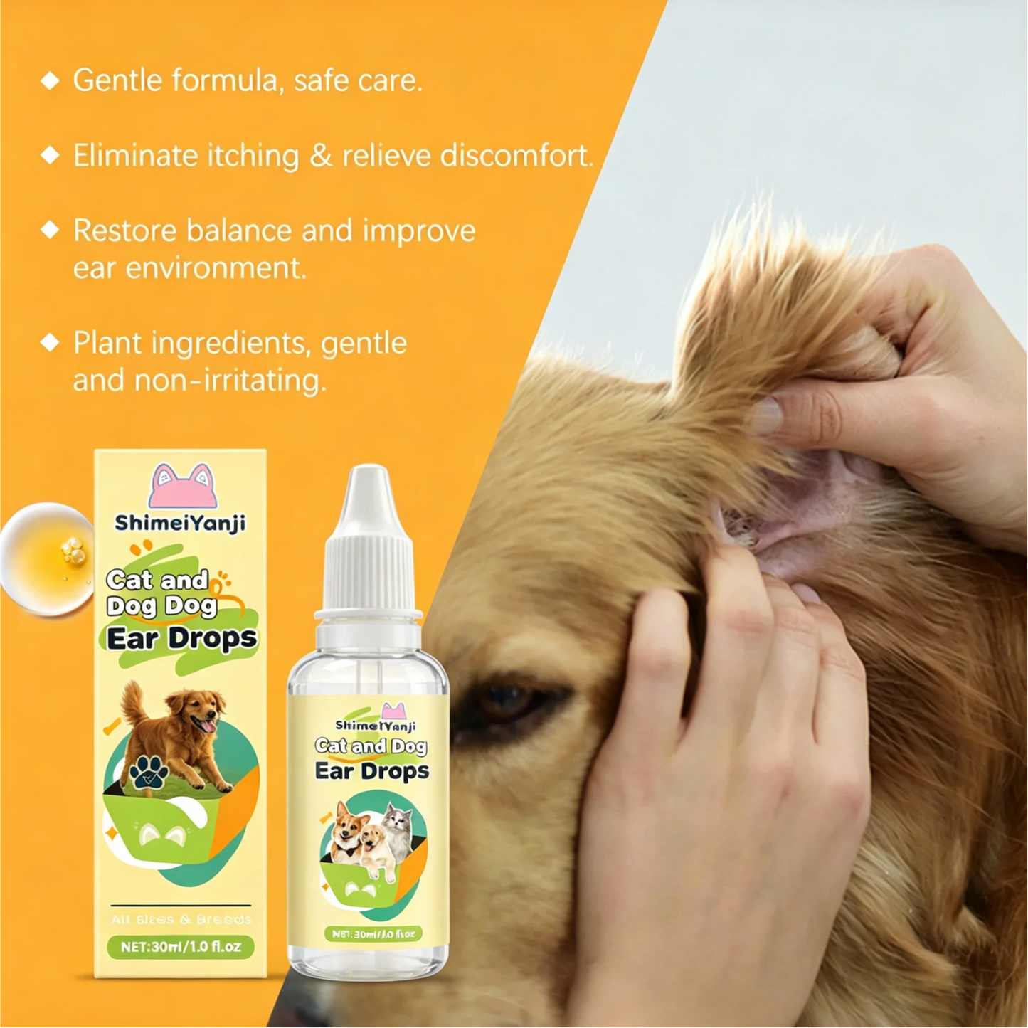 Professional Pet Ear Cleaning Drops 30ml – Gentle Formula Suitable for Dogs and Cats, Removes Earwax, Dirt, and Odor, Prevents Infection, Relieves Itching, and Is Ideal for Daily Care.