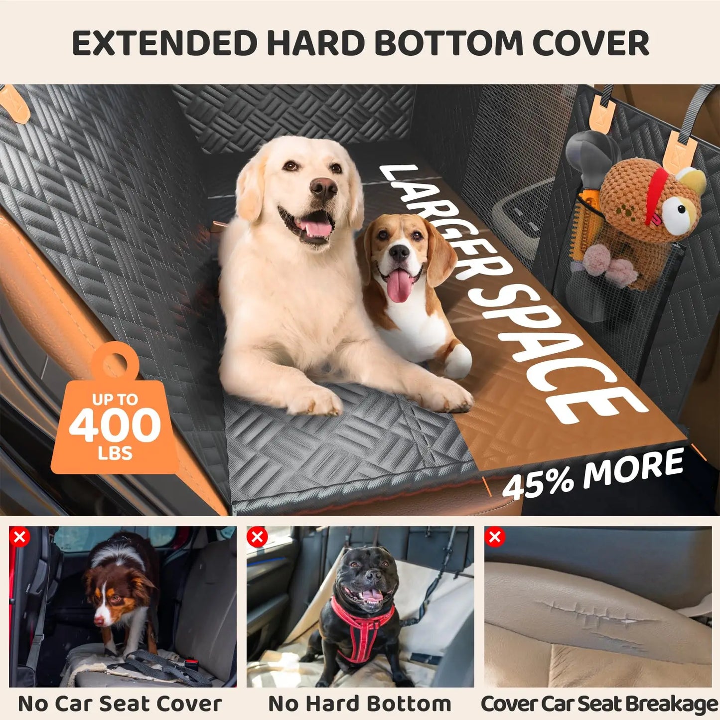 Hard Bottom Rear Seat Extender, Load-Bearing 400 Pounds, 600D Heavy-Duty Anti-Scratch Washable Dog Hammock for Cars and Suvs