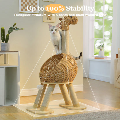 Dinosaur Cat Tree Tower with Sisal Scratching Post Large Rattan Cat Condo