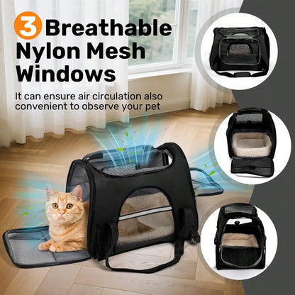 Breathable Pet Carrier Bag Airline Approved Foldable Travel Carrier Secure Anti Escape Zipper Ventilated Spacious Collapsible