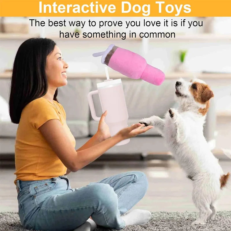 Safe Squeaky Pink Dog Cup Plush Toy - Durable Chew Toy for Small/Medium/Large