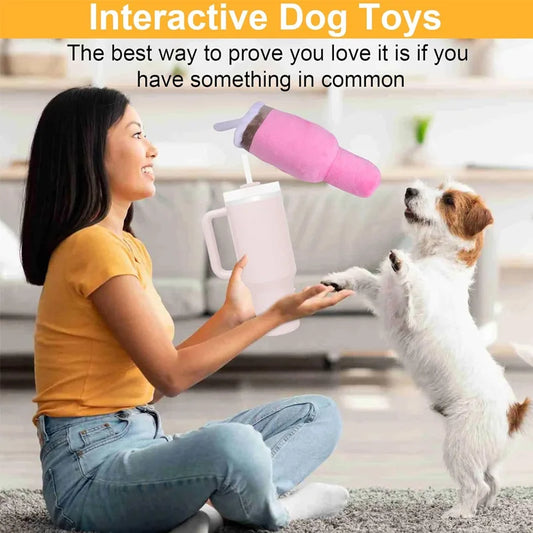 Safe Squeaky Pink Dog Cup Plush Toy - Durable Chew Toy for Small/Medium/Large