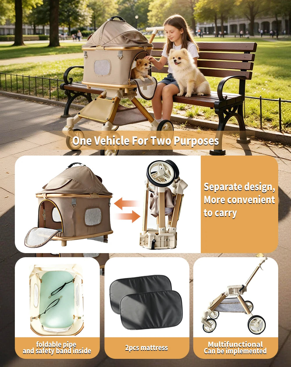 Pet Stroller for Medium Dogs & Cats Up to 55lbs, 2-in-1 Convertible Design with Removable Carrier & One-Click Folding Stroller with 4Wheels