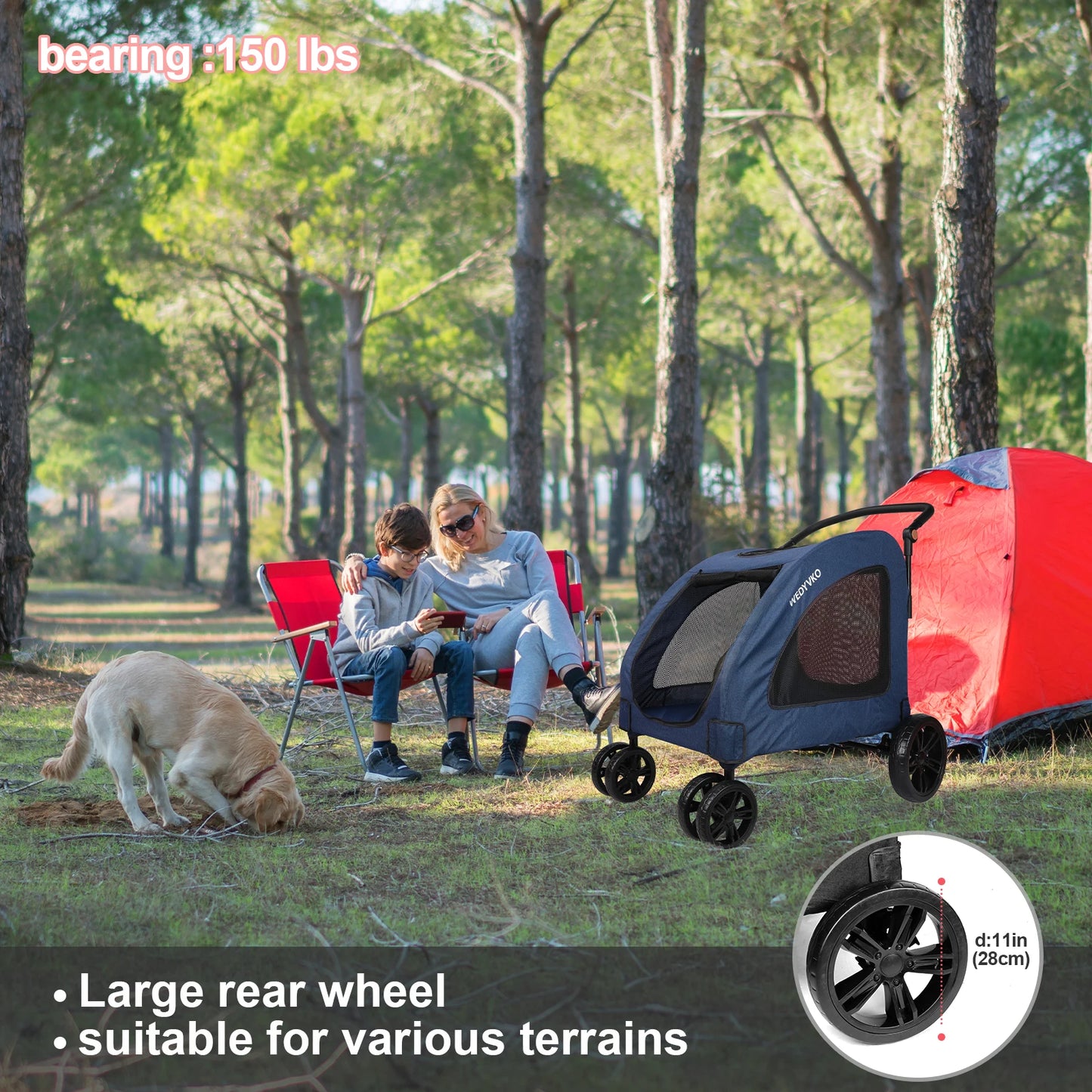 Heavy Duty Dog Stroller for Large Dogs up to 120 lbs, Foldable Pet Wagon with 360° Wheels, All-Round Ventilation