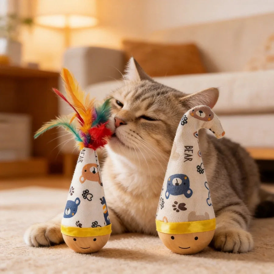 Tumbler Feather Cat Toy Self Play Teaser Wand Boredom Relief Interactive