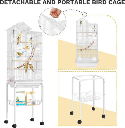 62-inch Metal Bird Cage for Cockatiels, Parrots, Pigeons, Lovebirds with Roof Access and Rolling Stand