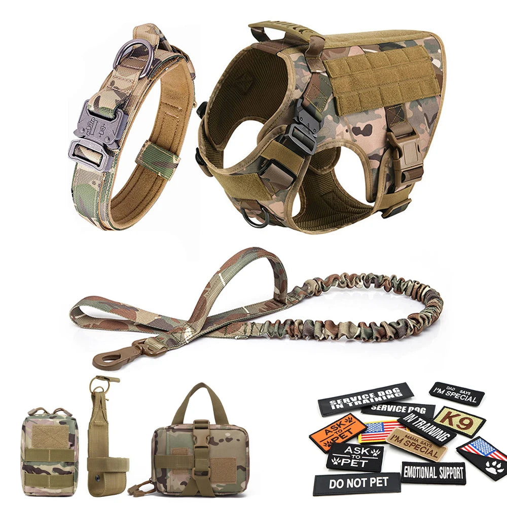 Military Dog Harness Collar Leash Bags Patches Set Training Vests