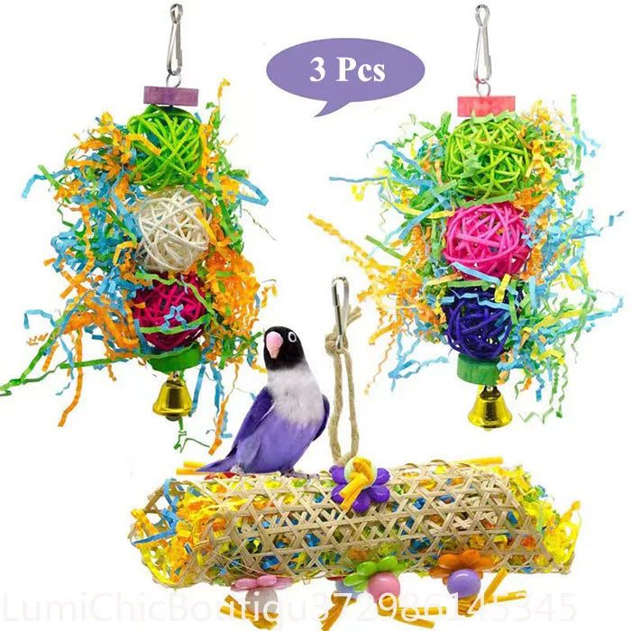 2‑3Pcs  Bird Toy Set Colorful Shredder Foraging Hanging Cage