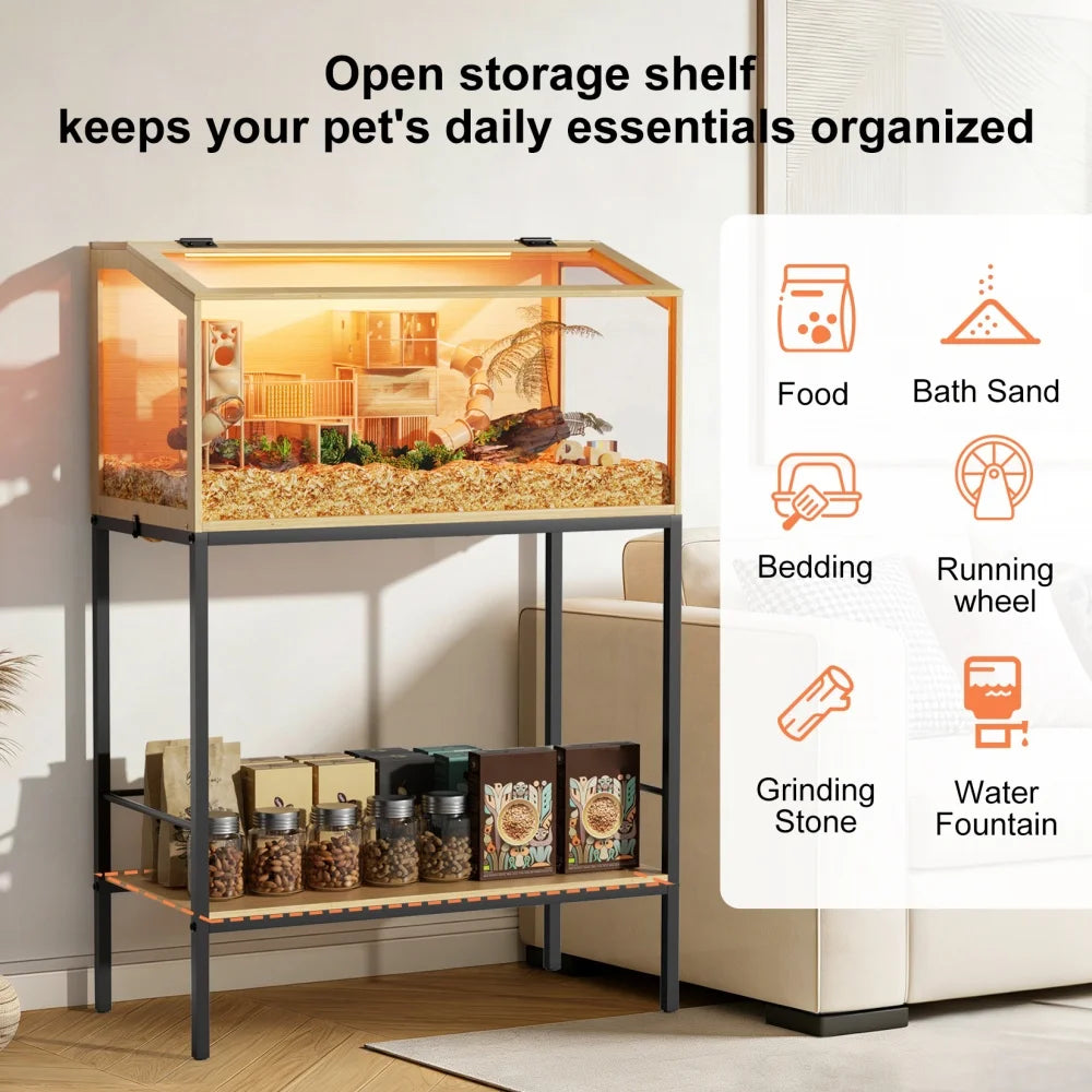 Large Elevated Wooden Hamster Cage with Storage Shelf - Small Animal Cage Habitat Built-in LED Light for Hedgehog Rodent Mice