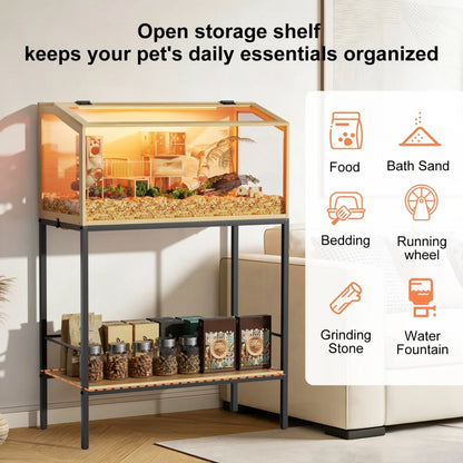 Large Elevated Wooden Hamster Cage with Storage Shelf - Small Animal Cage Habitat Built-in LED Light for Hedgehog Rodent Mice