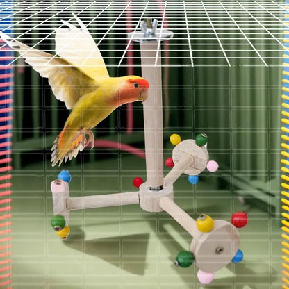 Perch Toy With Rotating Balls Wood Interactive Bird Stand Colorful Rotating Windmill Toy