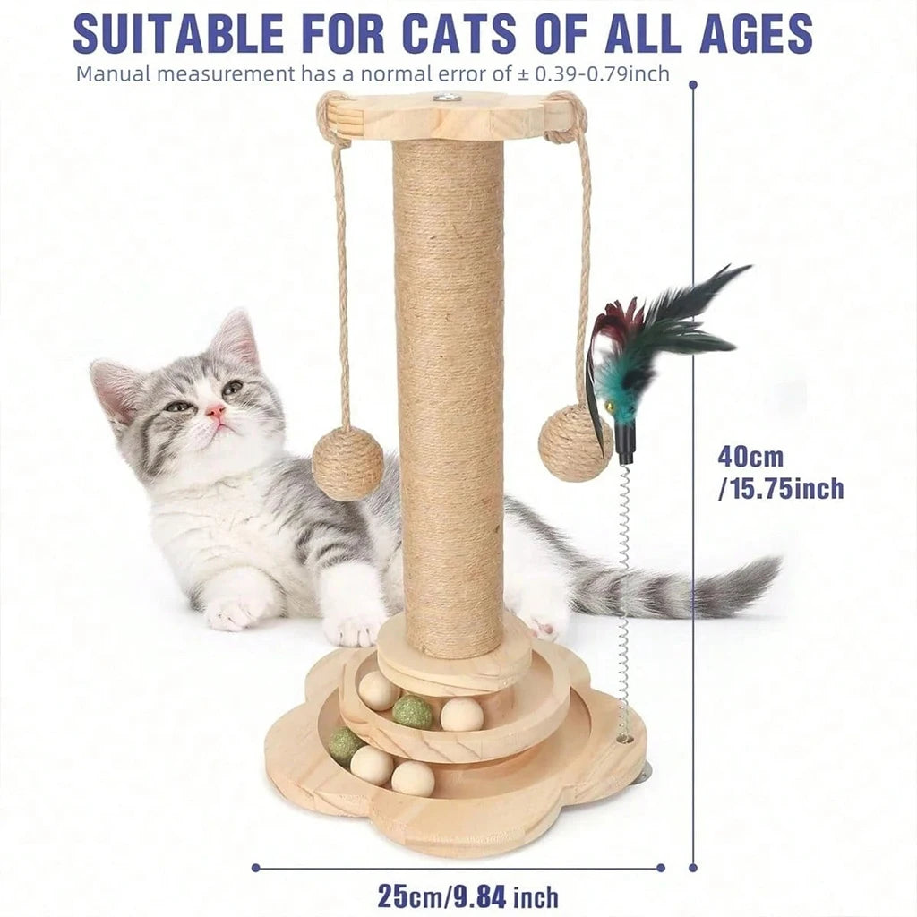 4-in-1 Wooden Cat Scratcher with Ball Track & Feather Toy Self-Play Kitten Activity Center