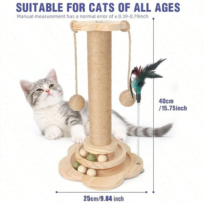 4-in-1 Wooden Cat Scratcher with Ball Track & Feather Toy Self-Play Kitten Activity Center