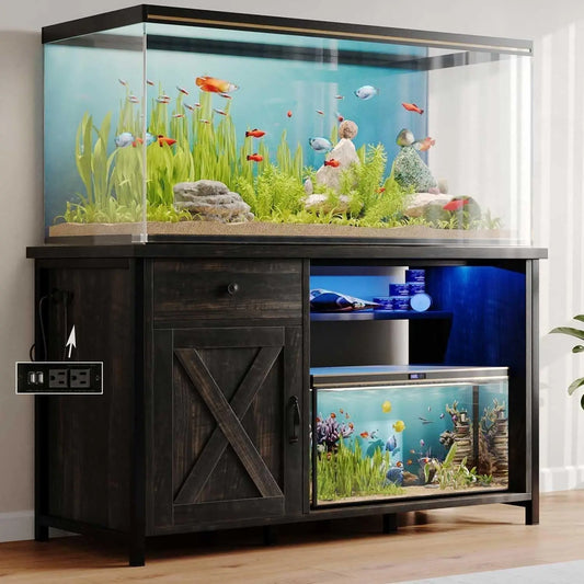 Heavy Duty Aquarium Stand with Power Outlets, LED Light & Cabinet Storage for 55-75 Gallon Fish Tanks