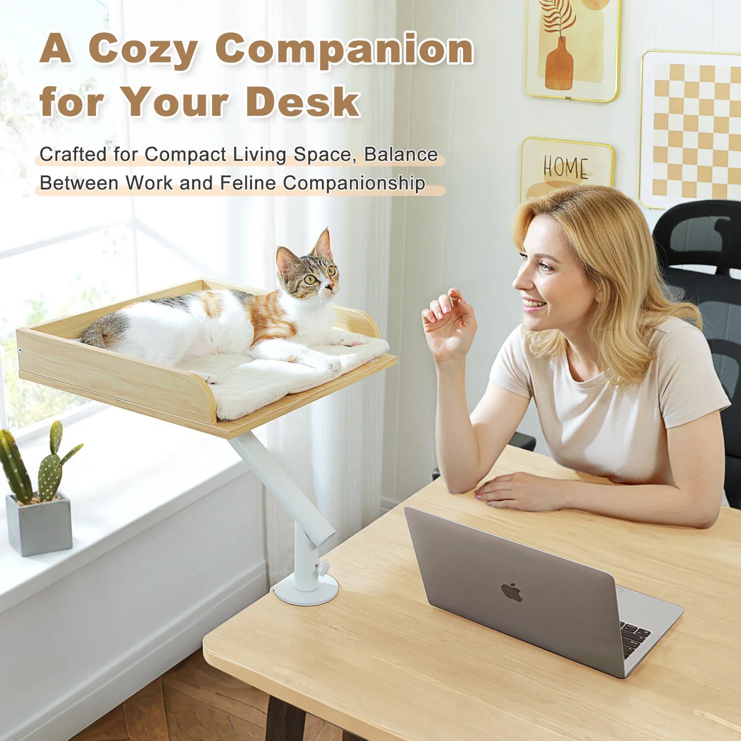 Cat Desk Bed, 360° Rotatable Bed Stand for Indoor Cats, Adjustable Basket,