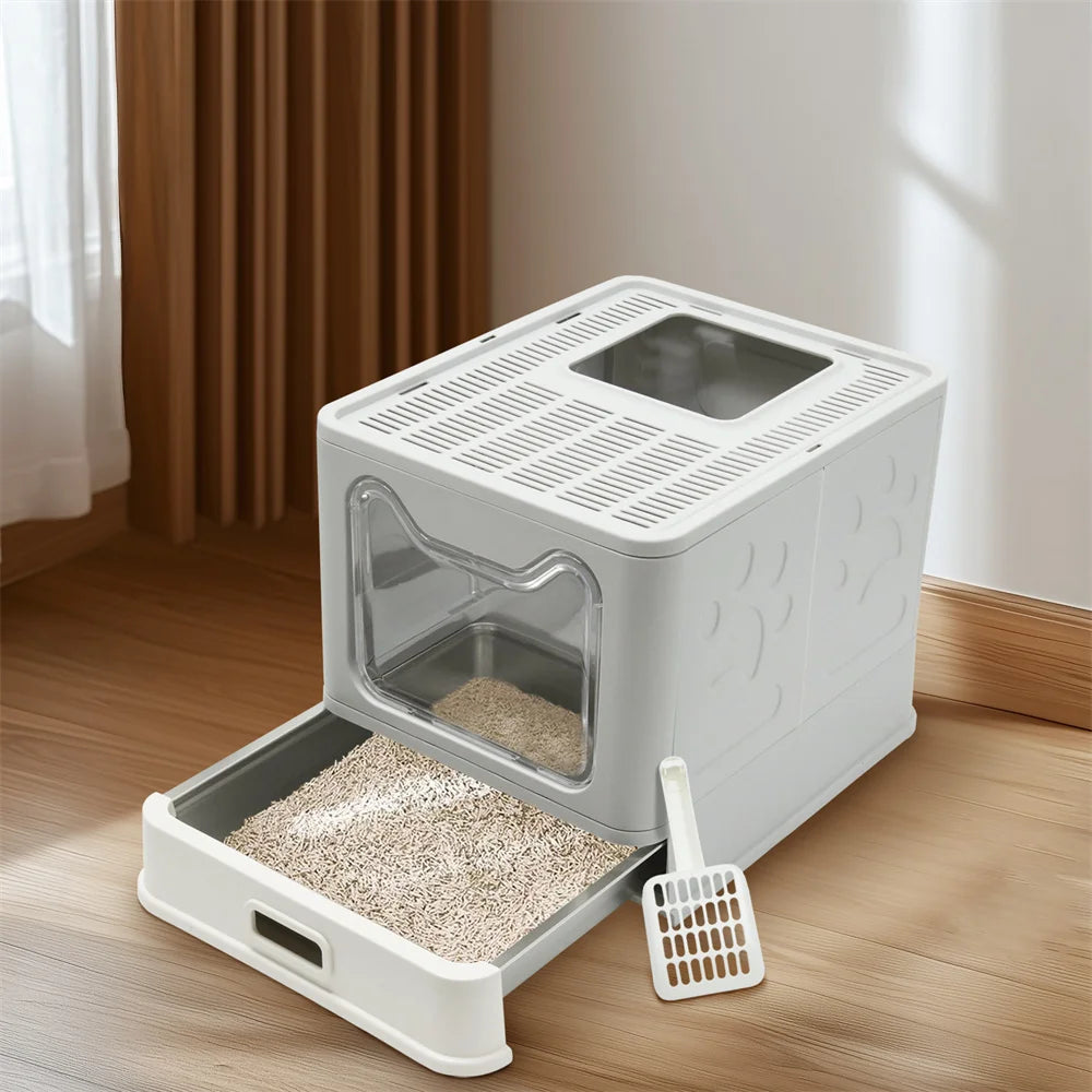 Enclosed Stainless Steel Cat Litter Box with Lid Scoop