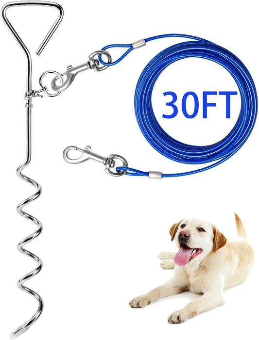 30ft Heavy Duty Dog Tie Out Cable with Anti-Rust Stake, Blue Leash for Medium-Large Dogs Up to 125 lbs