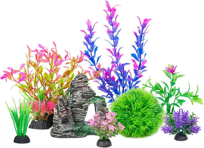 Artificial Aquarium Plants and Rock Cave Decor Set