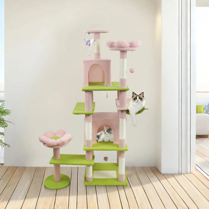 71" Tall Flower Cat Tree for Large Cats, 7-Level Climbing Tower with Extra Large Condo & Wide Hammock, Unique Horizontal Scratching Pad,