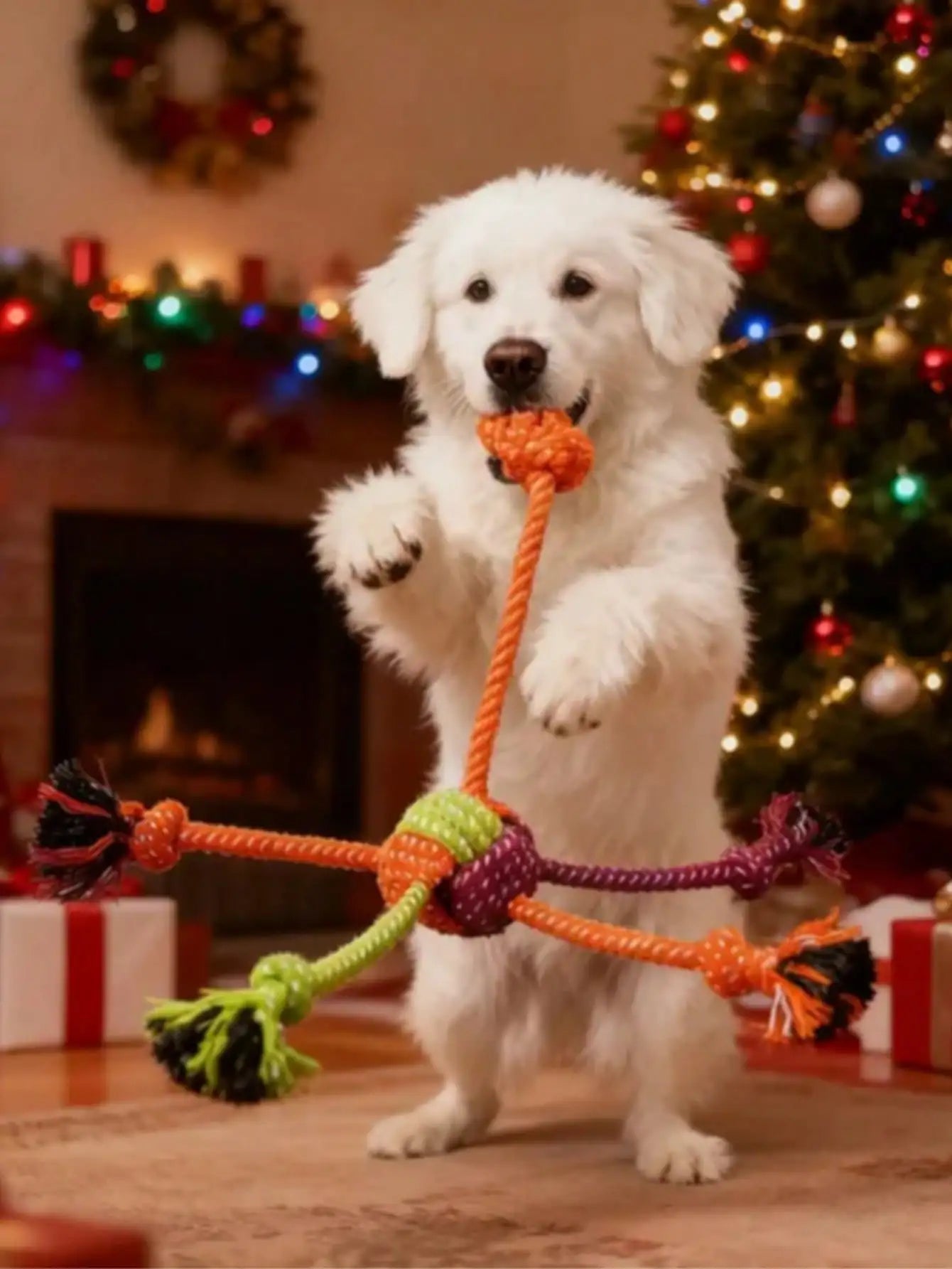 Durable Chewable Dog Rope Toy Green Orange Tassels Interactive