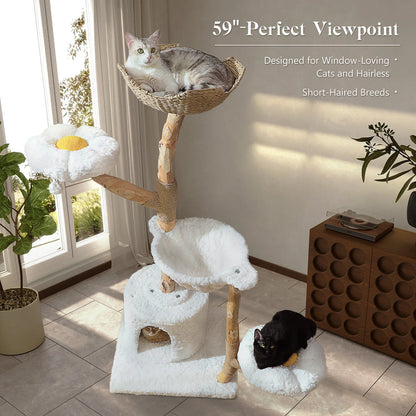 Large Cat Tree Tower with Sisal Scratching Post Wicker Basket Bed Flower Cat Condo