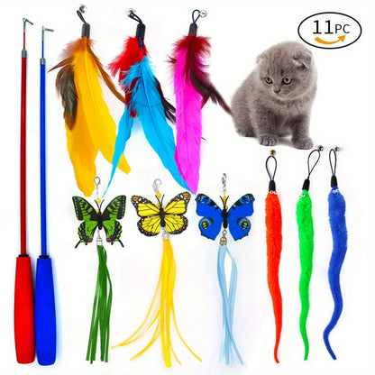 Interactive Cat Toys 11 Pack Funny Feather with Bell Cat Stick Toy for Kitten Playing Teaser Wand