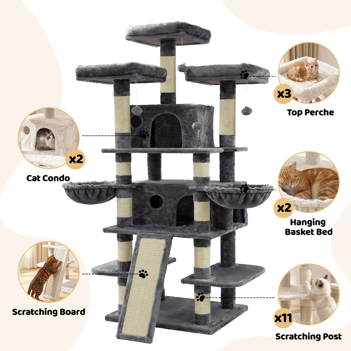 FOOWIN 68in Large Multi Level Cat Tree Tower Indoor Activity Center 2 Condos 3 Plush Perches Scratching Post