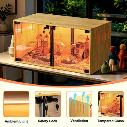 Wooden Hamster Guinea Pigs Cage Mice and Rat Habitat with Removable Divider Tempered Glass Panels Chew-proof