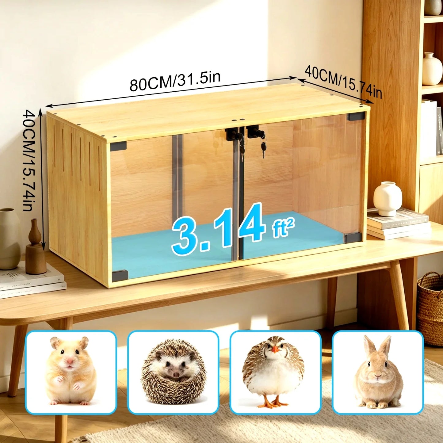 Wooden Hamster Guinea Pigs Cage Mice and Rat Habitat with Removable Divider Tempered Glass Panels Chew-proof