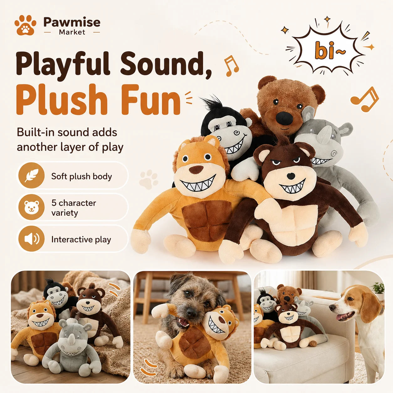 5-Piece Squeaky Plush Pet Toys Set - Lion, Bear, Rhino, Monkey & Chimpanzee - Durable Soft Chew Toys for Dogs & Cats