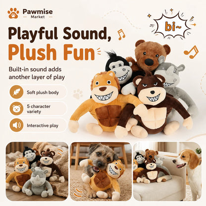 5-Piece Squeaky Plush Pet Toys Set - Lion, Bear, Rhino, Monkey & Chimpanzee - Durable Soft Chew Toys for Dogs & Cats