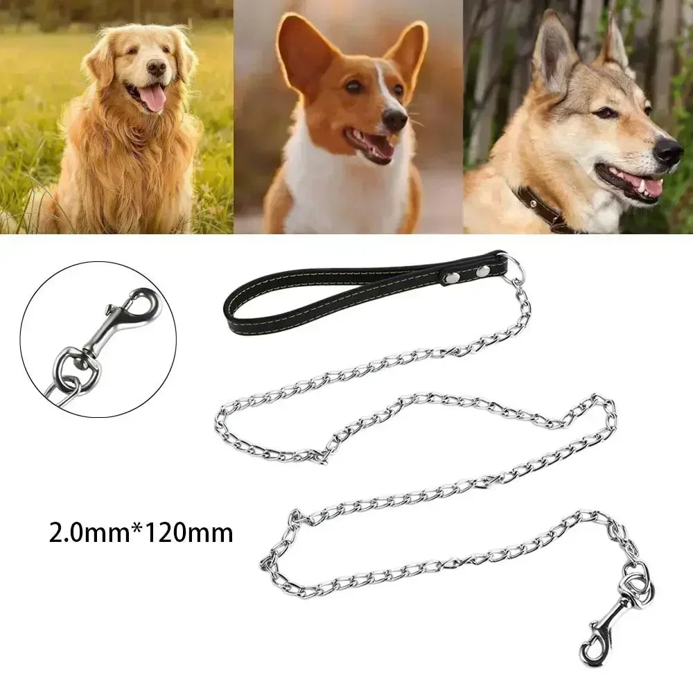 Heavy Duty Metal Chain Dog Lead With Leather Handle Long Strong Control Leash