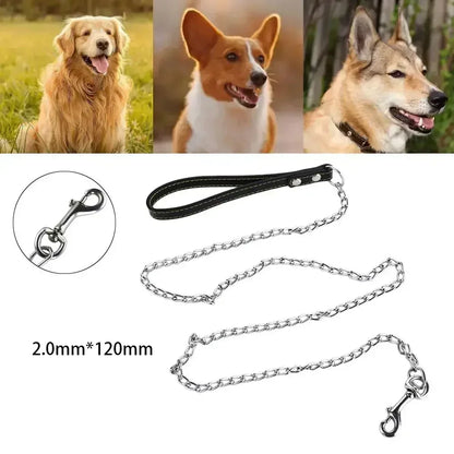 Heavy Duty Metal Chain Dog Lead With Leather Handle Long Strong Control Leash
