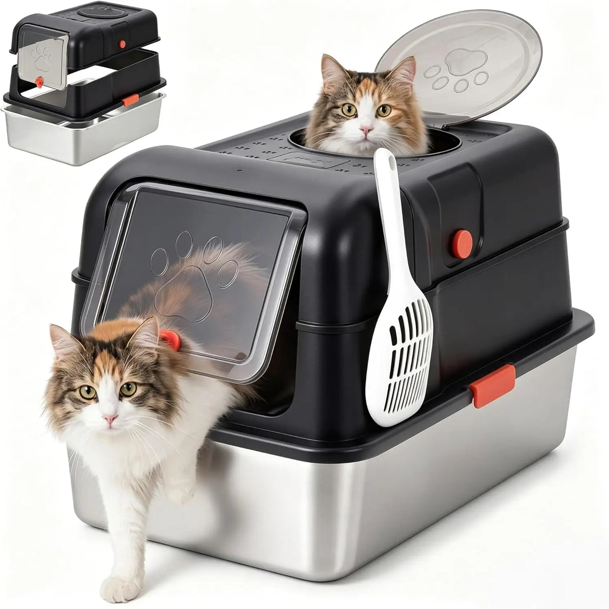 Enclosed Stainless Steel Litter Box With Lid - Dog Proof XL High Sided Anti Leak Front Entry Top Exit For Big Cats Includes