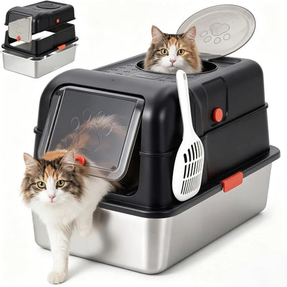 Enclosed Stainless Steel Litter Box With Lid - Dog Proof XL High Sided Anti Leak Front Entry Top Exit For Big Cats Includes
