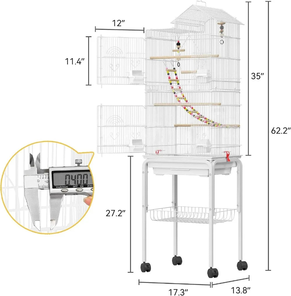 62-inch Metal Bird Cage for Cockatiels, Parrots, Pigeons, Lovebirds with Roof Access and Rolling Stand