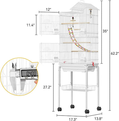 62-inch Metal Bird Cage for Cockatiels, Parrots, Pigeons, Lovebirds with Roof Access and Rolling Stand
