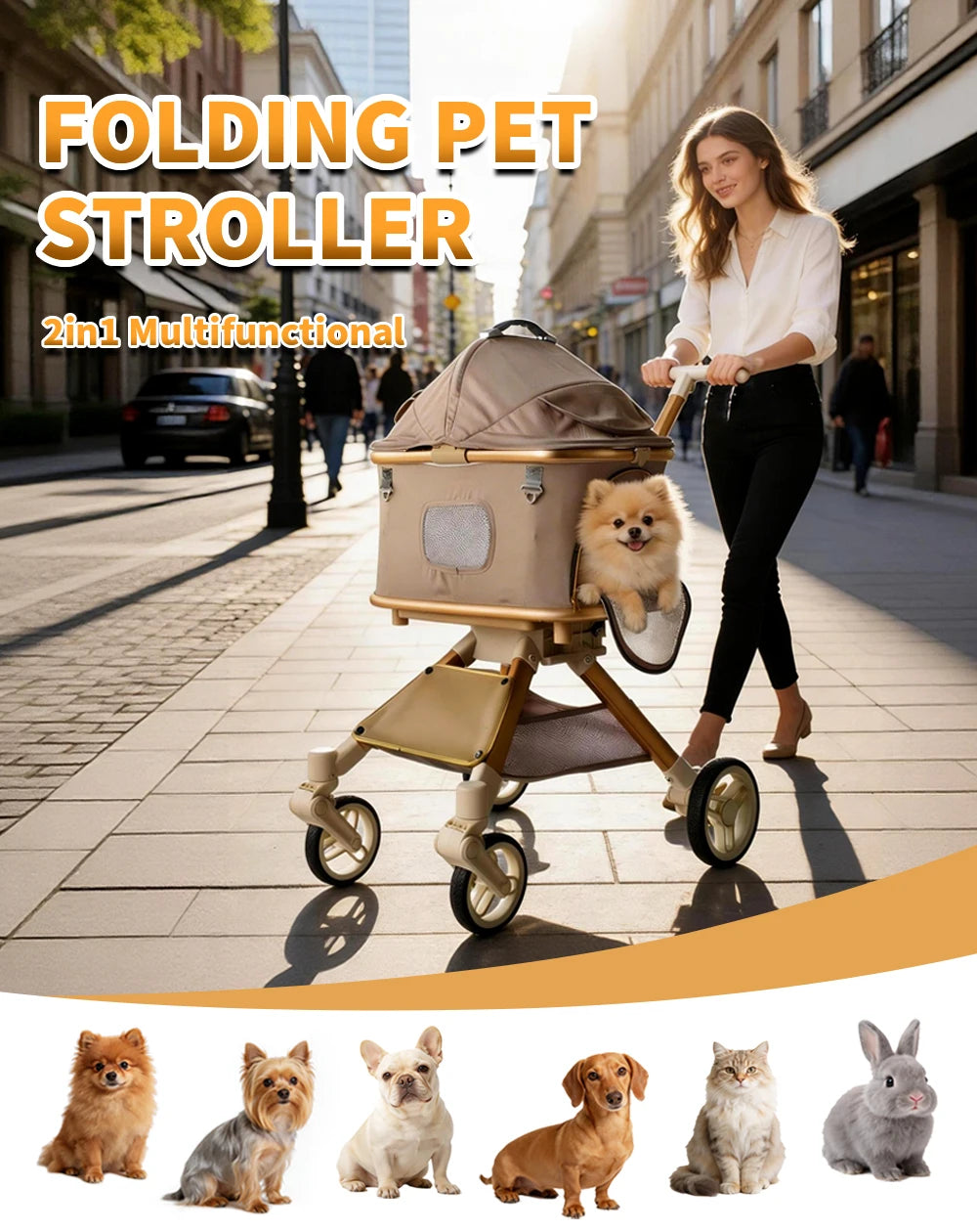Pet Stroller for Medium Dogs & Cats Up to 55lbs, 2-in-1 Convertible Design with Removable Carrier & One-Click Folding Stroller with 4Wheels