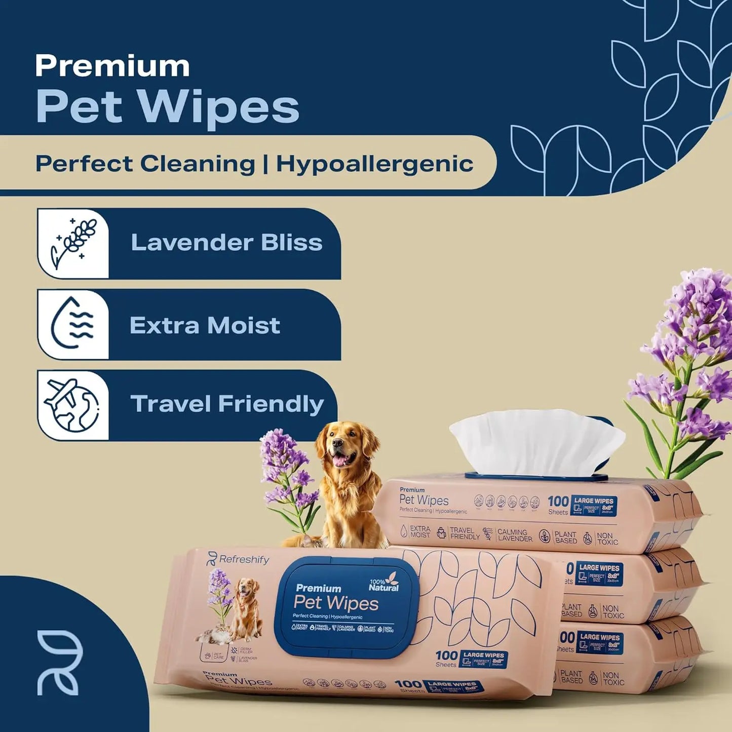Plant Based Lavender Pet Wipes for Paws and Butt - 400 Count with 12 Travel Packs - Deodorizing & Non Toxic for Dogs and Cats