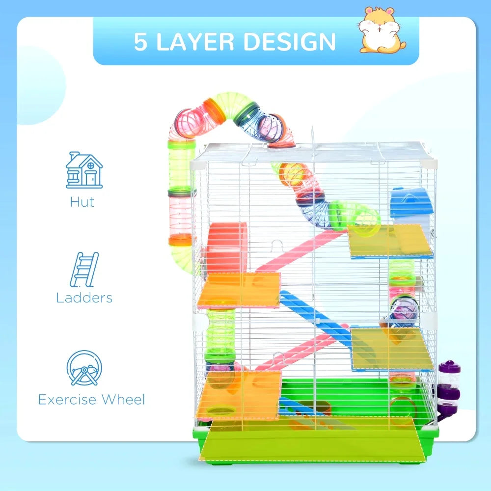 PawHut 18" 5-Tier Hamster Cage with Tubes, Tunnels, Portable Handle, Water Bottle, Food Dish & Exercise Wheel for Small Animals like Rats and Gerbils